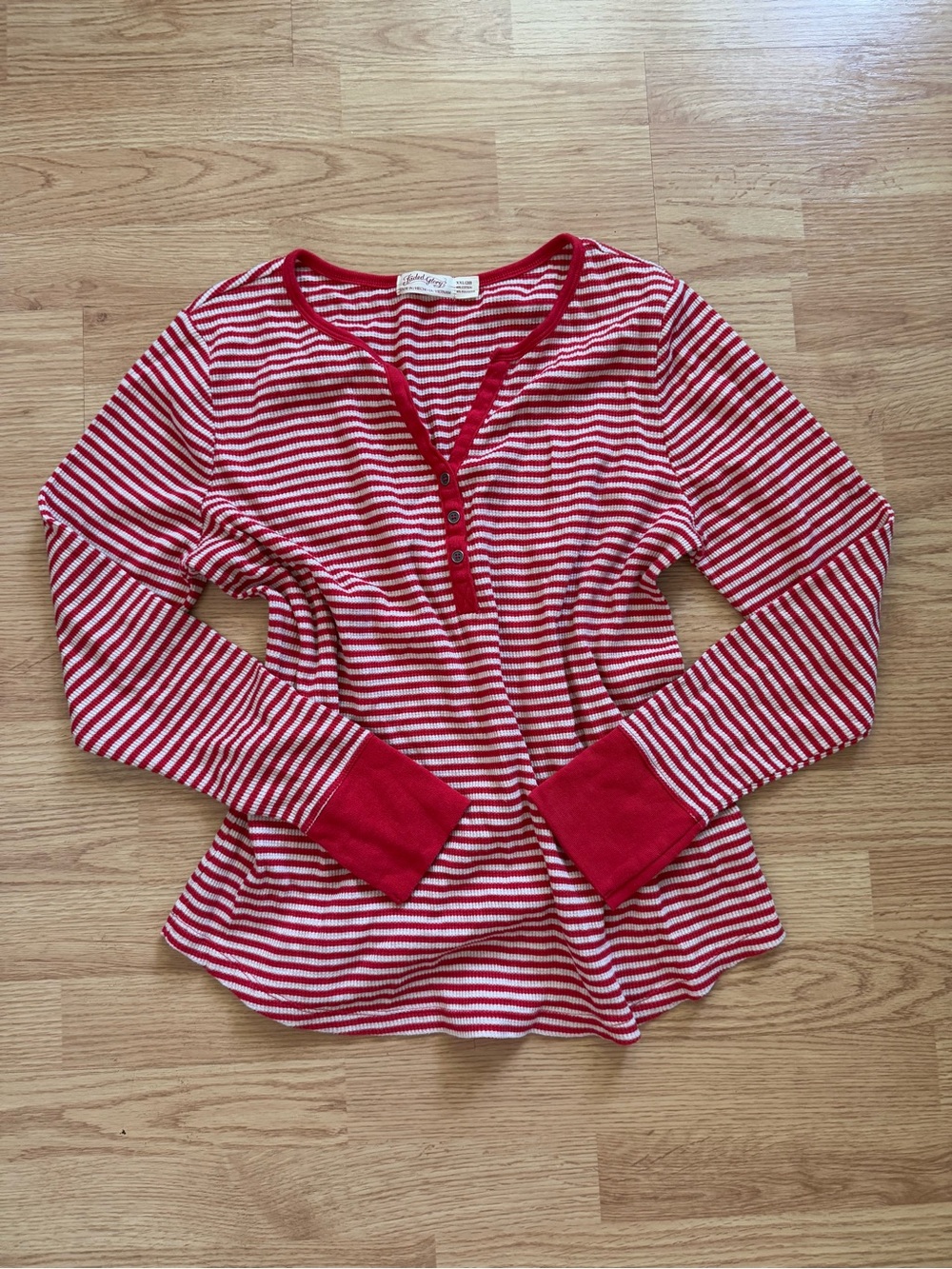 Faded Glory Red White Striped Waffle Knit Thermal Henley Top XXL 20